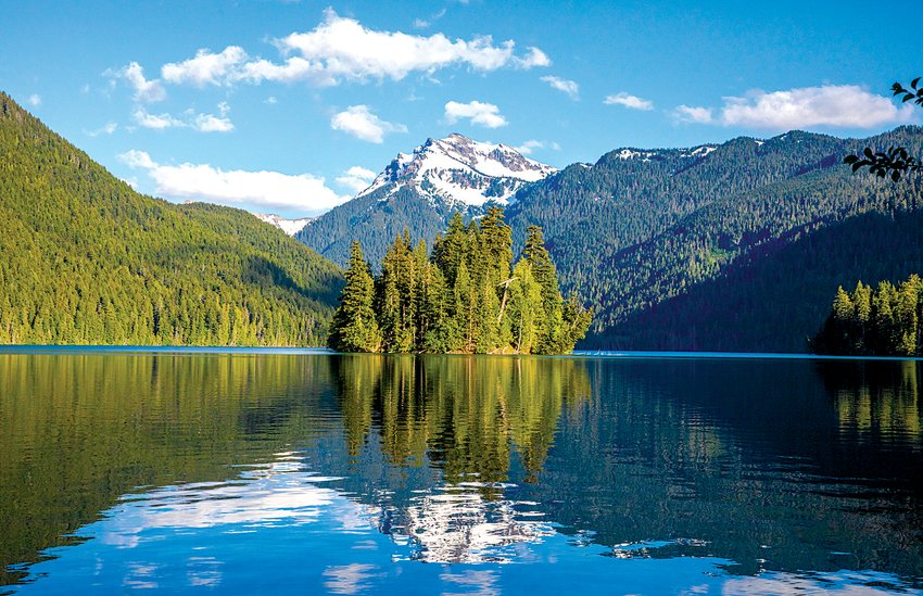 Johnson Peak is seen beyond Packwood Lake in the Gifford Pinchot National Forest.