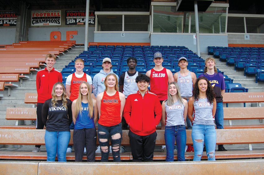 Members of the 2022 Lewis County All-Area Track and Field team pose for a photo at Centralia High School&rsquo;s Tiger Stadium. Athletes pictured in the front row, from left: Caelyn Marshall, Reagan Nallion, Keira O&rsquo;Neill, Joshhill Tilton, Sadie Dahlin and Savanna Bolivar. In the back row, from left: Connor Olmstead, Lucas Dahl, Talon Betts, Brian Anouma, Carson Olmstead, Elijah Annonen and Kole Taylor. Not pictured: Matt Cooper, Devin Harrison, Carter Phelps, Isaac Ramirez, Seth Hoff, Jordan Koetje, Elaina Koenig, Charlie Carper, Emily Weddle, Addison Hall and Cali Scofield.