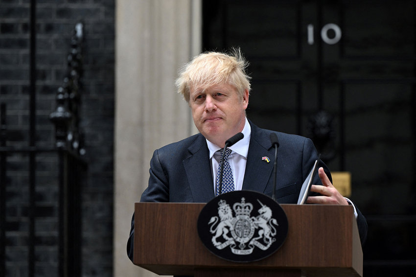Britain's Prime Minister Boris Johnson makes a statement in front of 10 Downing Street in central London on Thursday, July 7, 2022. - UK Prime Minister Boris Johnson on Thursday quit as Conservative party leader, after three tumultuous years in charge marked by Brexit, Covid and mounting scandals. (Justin Tallis/AFP via Getty Images/TNS)