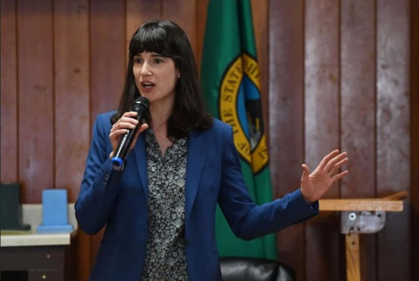 Marie Gluesenkamp Perez, D-Skamania, speaks at a Democratic forum at the Kelso Senior Center on Friday, July 8 in Cowlitz County. Perez is running to represent Washington&rsquo;s 3rd Congressional District.