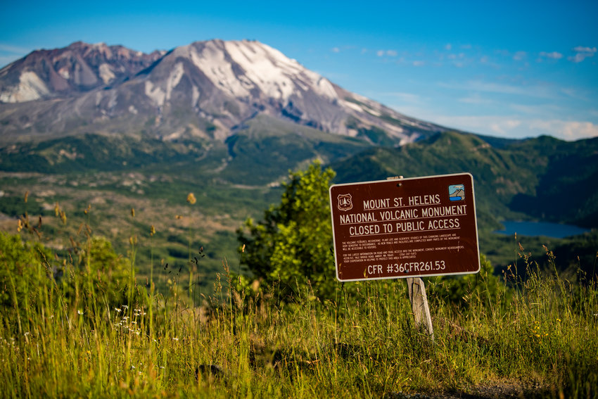 A sign displayed at the Mount St. Helens National Volcanic Monument on Tuesday, July 12, 2022.