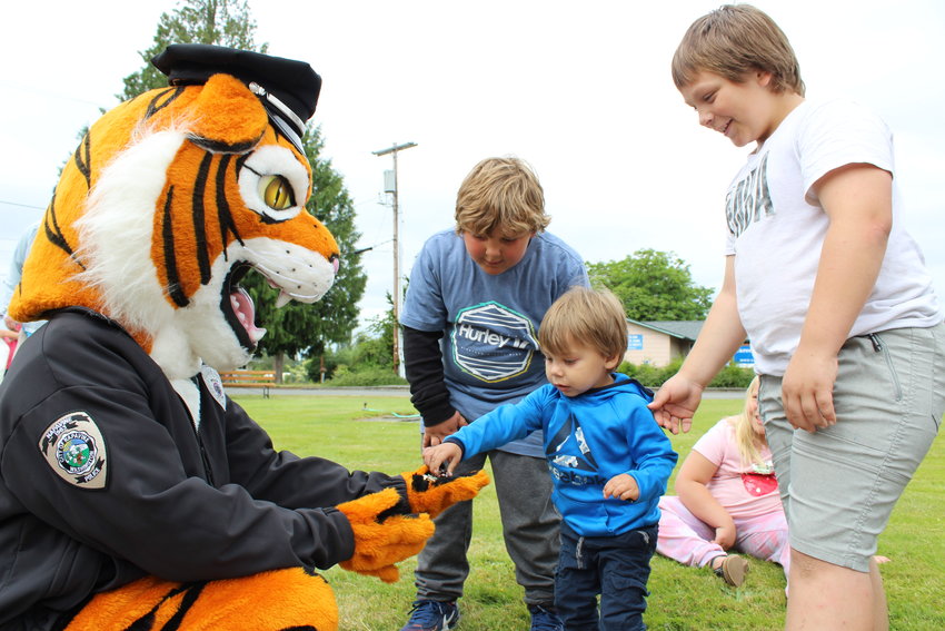 Doodle, 2, and his big brothers, Kyler, 8, and Kaizen, 10, are greeted by the Napavine Tiger before the Napavine Funtime Festival parade Saturday.
