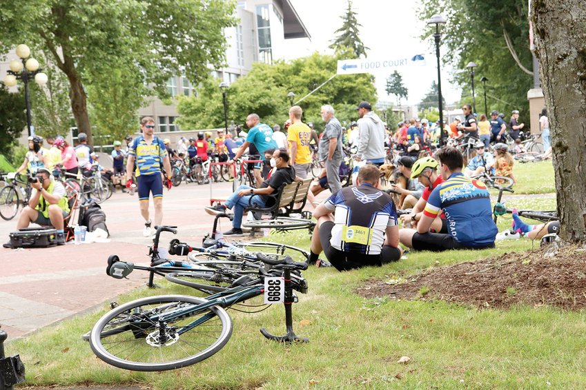 Cyclists fill the grounds of Centralia College, the official halfway point of the Seattle to Portland Classic, on Saturday.