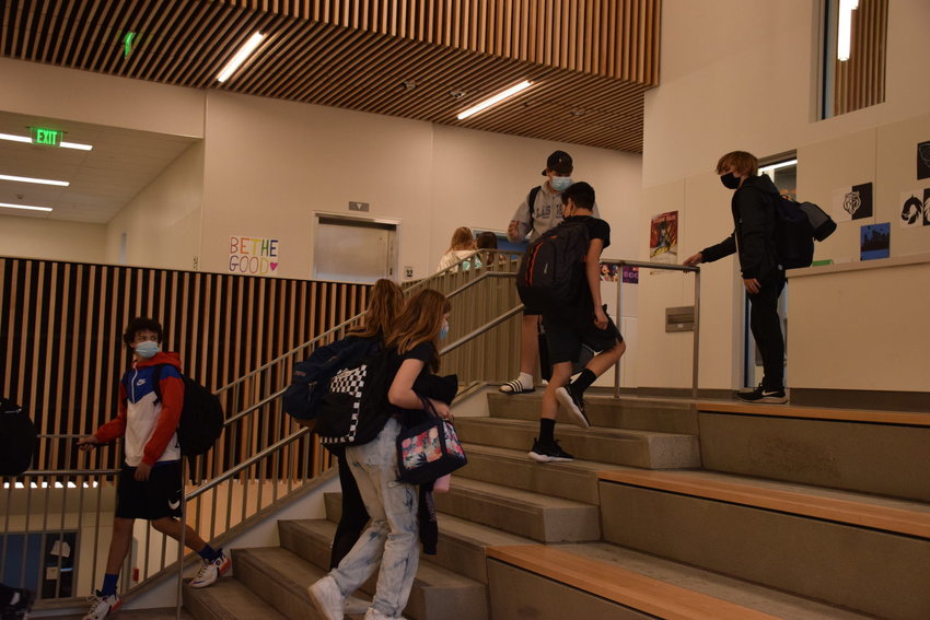 La Center Middle School students head to their next class near the new school building&rsquo;s &ldquo;learning stairs&rdquo; on Oct. 14.