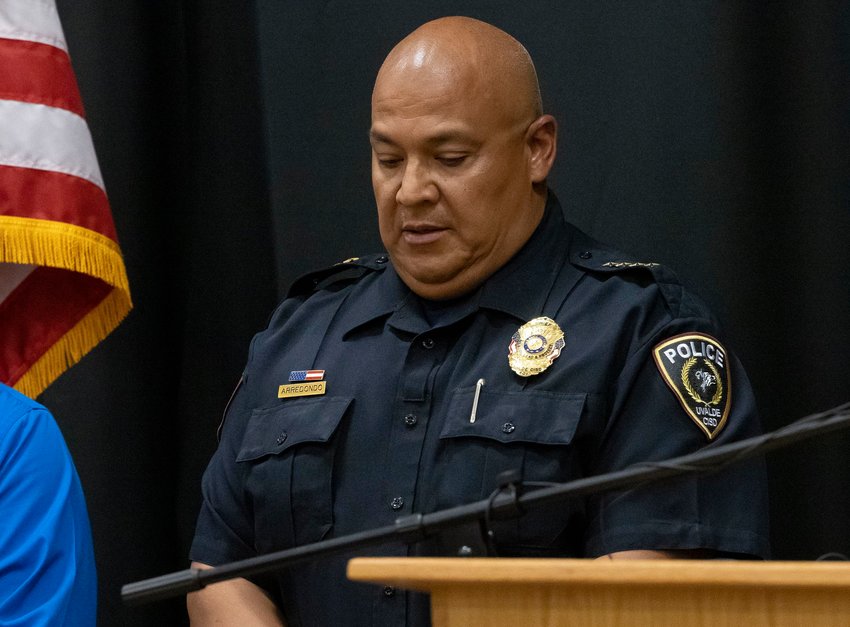Uvalde schools police Chief Pedro &quot;Pete&quot; Arredondo listens during a news conference at Uvalde County Fairplex after 19 students and two teachers were killed in the shooting at Robb Elementary School on May 24, 2022, in Uvalde, Texas. Arredondo has been placed on administrative leave. (Juan Figueroa/The Dallas Morning News/TNS)