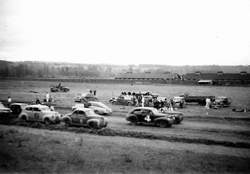 This 1946-47 photo was taken at the Fort Borst Park Racetrack, where horse barns can be seen in the background. Once an airport (in about 1936), the field was converted to the racetrack by Work Progress Administration workers.