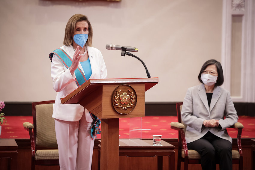 Speaker of the U.S. House Of Representatives Nancy Pelosi (D-CA), left, speaks after receiving the Order of Propitious Clouds with Special Grand Cordon, Taiwan&rsquo;s highest civilian honour, from Taiwan's President Tsai Ing-wen, right, at the president's office on Aug. 3, 2022. in Taipei, Taiwan. Pelosi arrived in Taiwan on Tuesday as part of a tour of Asia aimed at reassuring allies in the region, as China made it clear that her visit to Taiwan would be seen in a negative light. (Handout/Getty Images/TNS)
