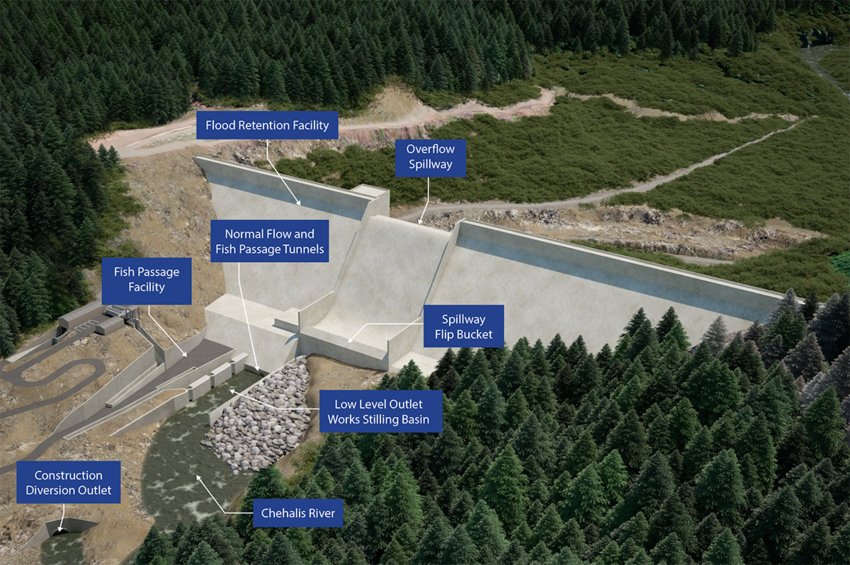 This image provided by the Office of Chehalis Basin shows the proposed design and functions of a potential dam on the Chehalis River near Pe Ell.