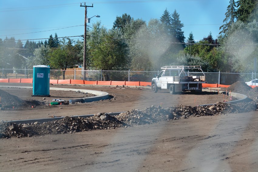 The outline of Yelm Middle School&rsquo;s new rubber track is laid down near Yelm Avenue on Aug. 15.