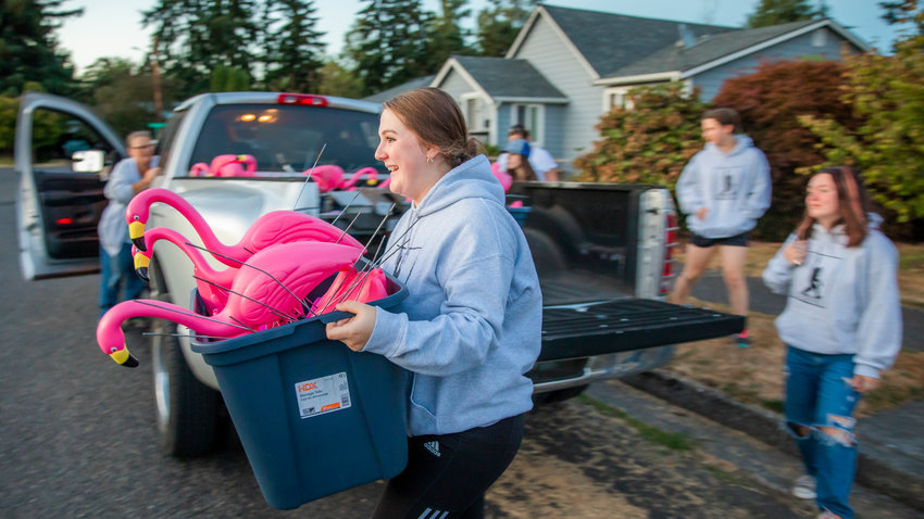 Natalia Hedgers, 15, of Girl Scout Troop 41050, smiles and runs with a box of flamingo lawn decorations Monday evening in Centralia.