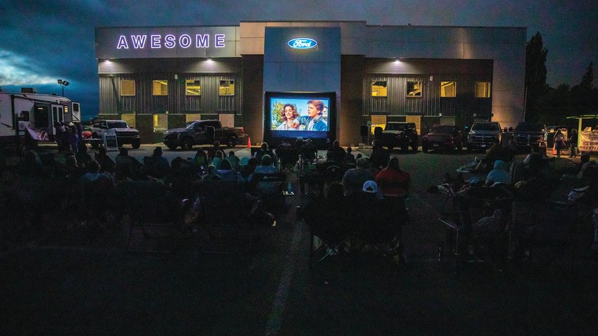 Back to the Future plays on a big screen with a projector powered by an electric Ford Lightning truck Friday night in Chehalis.