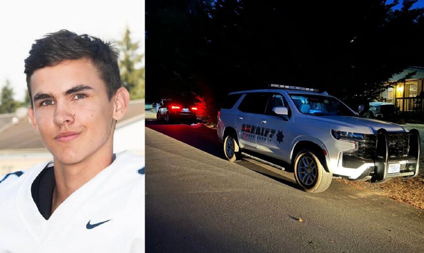 Gabriel Davies is pictured in an image provided by the Thurston County Sheriff's Office along with a photo from the scene of the murder from the Pierce County Sheriff's Department.