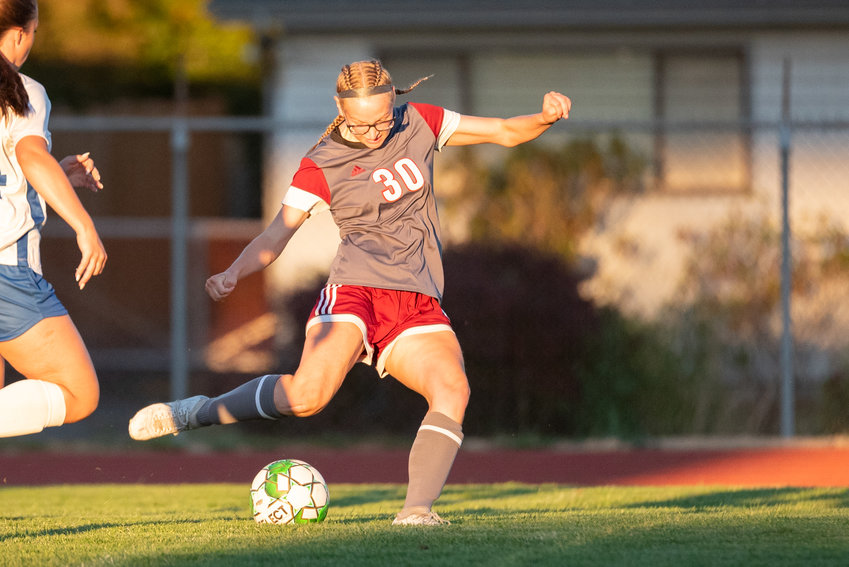W.F. West junior Zoey Robertson fires off a shot on goal in the first half of the Bearcats' Sept. 6 game against La Center.