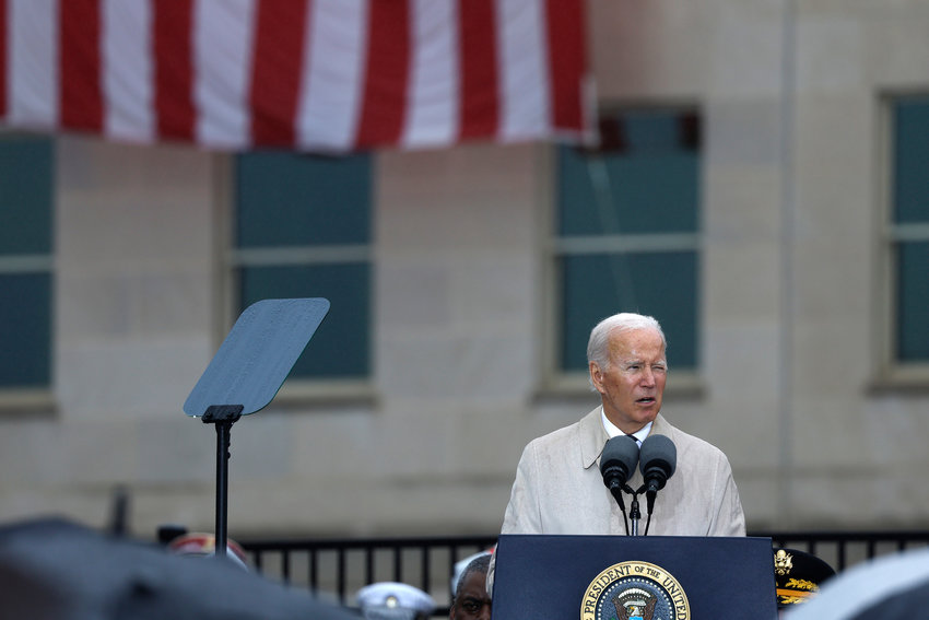 U.S. President Joe Biden delivers remarks at a ceremony commemorating the 21st anniversary of the crash of American Airlines Flight 77 into the Pentagon during the September 11th terrorist attacks at the National 9/11 Pentagon Memorial on Sept. 11, 2022, in Arlington, Virginia. (Anna Moneymaker/Getty Images/TNS)