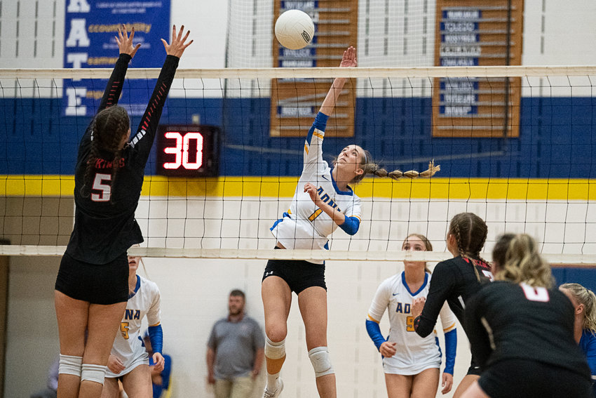 Adna's Miriam Wilson rises for a spike against Mossyrock Sept. 12.