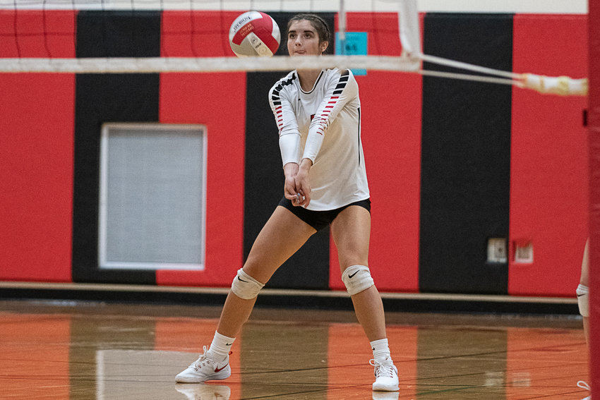 Mossyrock outside hitter Payton Torrey digs up a ball in serve receive against W.F. West Sept. 15.