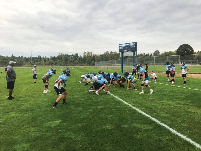 The Hockinson Hawks get into position during practice on Sept. 13.