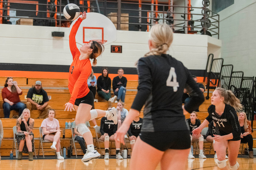 Napavine sophomore Emily Kang (3) goes up for a ball during a volleyball match against Kalama Tuesday night.