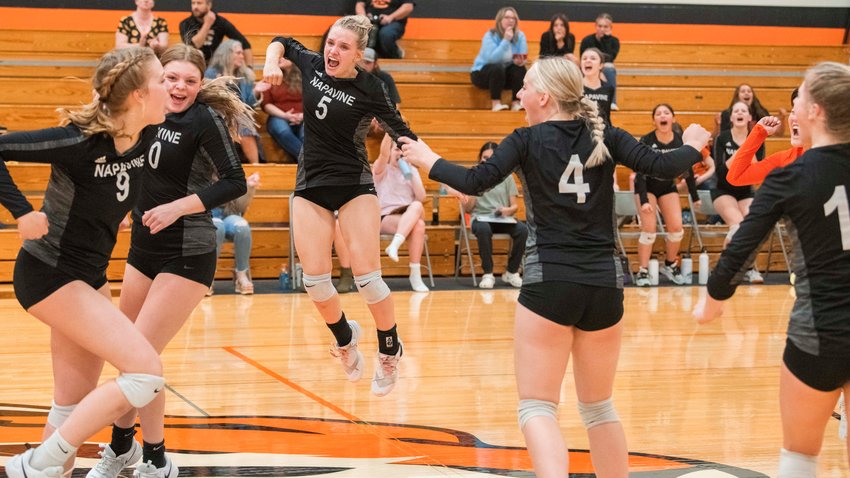 Tigers celebrate a point against Kalama Tuesday night in Napavine.