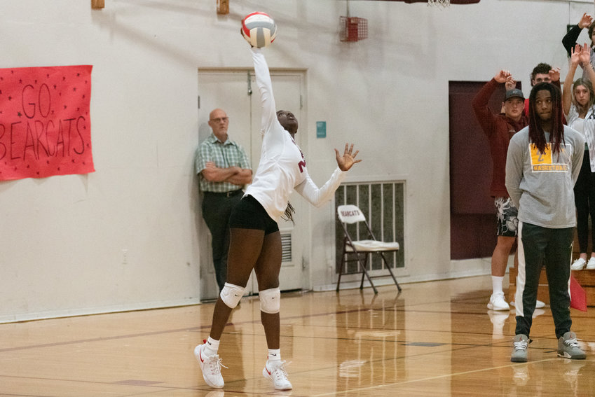 W.F. West senior Mari Ceesay serves the ball during the Bearcats' win over Centralia at home on Sept. 22.