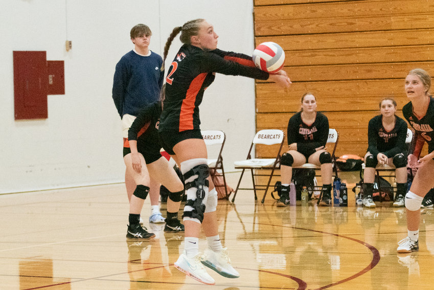 Lauren Wasson digs up a ball in serve-receive against W.F. West in Chehalis earlier this season.