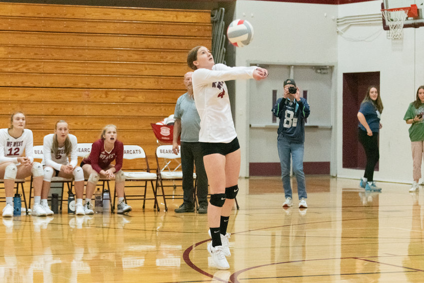 Saige Brindle bumps the ball up during W.F. West's five-set win over Centralia on Sept. 22.