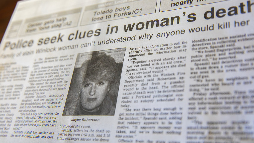 The Feb. 27, 1993, edition of The Chronicle included a picture of Joyce Robertson and the headline &rdquo;Police seek clues in woman&rsquo;s death.&rdquo;