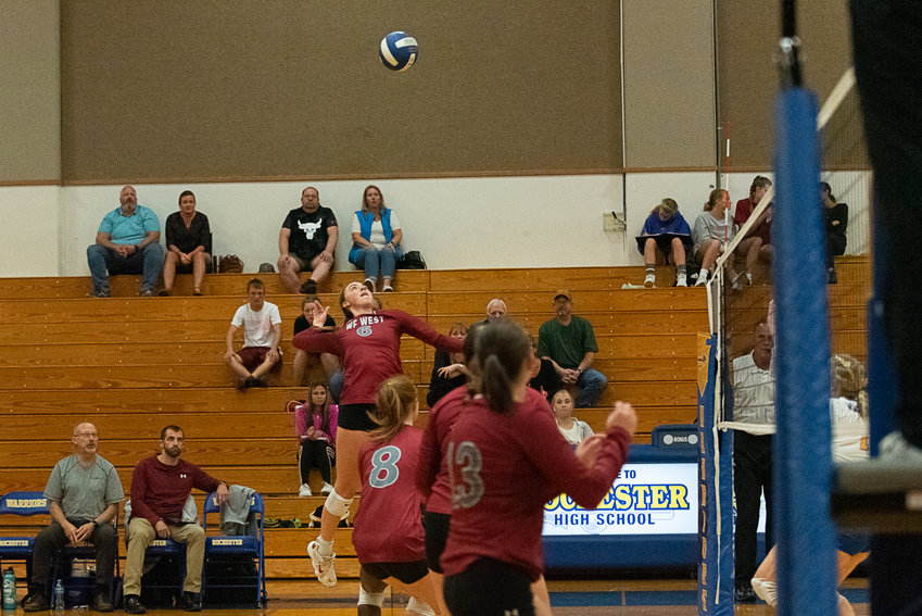 Morgan Rogerson gets up for a spike during Chehalis' win at Rochester on Oct. 4. Rogerson led the Bearcats with 11 kills on the night.