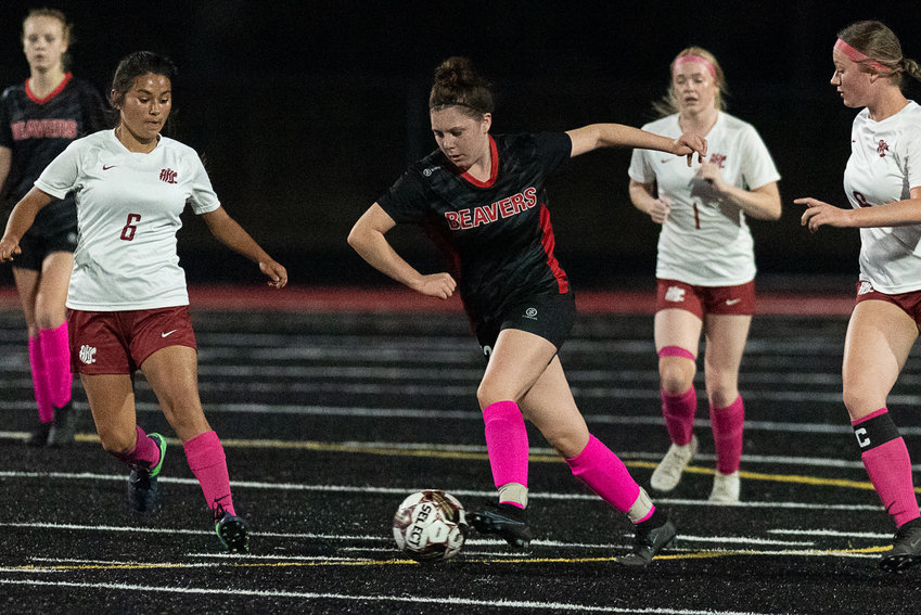 Kami Oliveira takes possession of the ball during Tenino's home match against Hoquiam on Oct. 6.