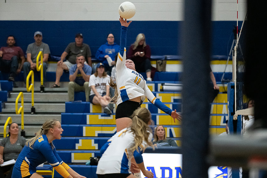 Adna outside hitter Kendall Humphrey tips a ball over the net against Napavine Oct. 13.