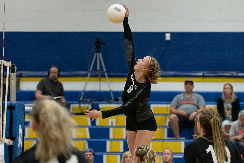 Napavine middle blocker Keira O'Neill makes contact for a spike against Adna Oct. 13.