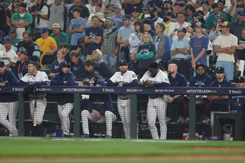 The Seattle Mariners look on after dropping a 1-0 decision, in 18 innings, to the Houston Astros in a series-clinching Game 3 of the American League Division Series at T-Mobile Park on Saturday, Oct. 15, 2022, in Seattle. (Rob Carr/Getty Images/TNS)