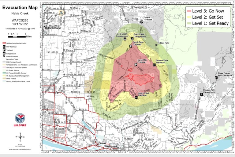 A map shows the evacuation zones for the Nakia Creek Fire in Clark County.