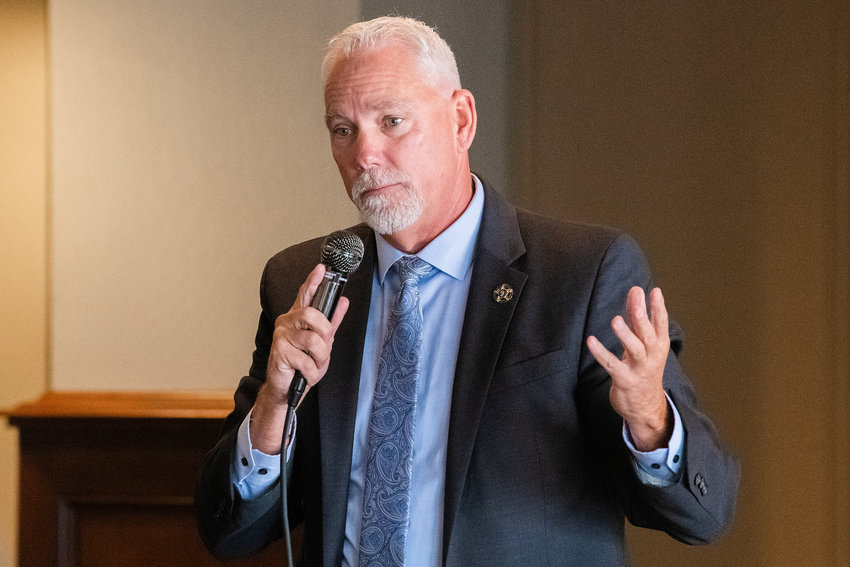 Rob Snaza talks about the Lewis County Sheriff&rsquo;s Office during a debate forum held at O&rsquo;Blarney&rsquo;s in Centralia in October 2022.