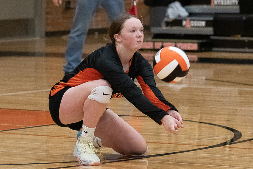 Centralia libero Gracie Schofield digs up a ball in serve receive against W.F. West at Ron Brown Court Oct. 18.