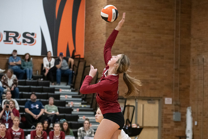 W.F. West outside hitter Morgan Rogerson hits a spike against Centralia at Ron Brown Court Oct. 18.