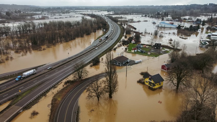 Interstate 5 is surrounded by floodwater near the Veterans Memorial Museum in Chehalis in this January 2022 Chronicle file photo.