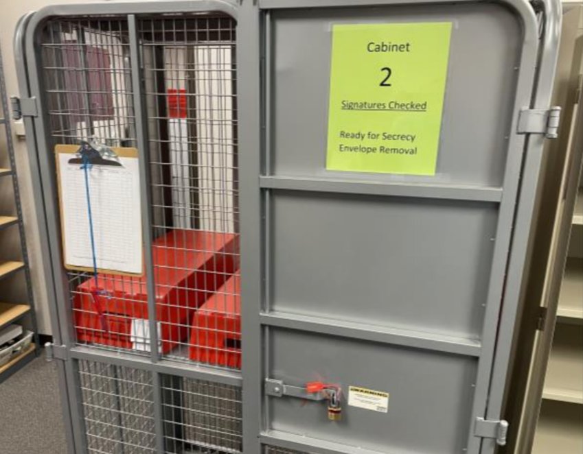 Ballots are secured in a locked cage inside the Lewis County Elections&rsquo; offices in this photo provided in a Lewis County news release.