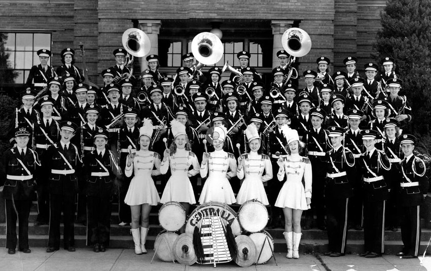This 1942 photo is of the Centralia High School band and majorettes. Centralia High School operated at the downtown location which became Centralia College from 1912 to 1969, when the old high school was torn down. The first Centralia College classes of 15 were held in the right wing of the old Centralia High School beginning in 1925. This photo is from volume 1 of &ldquo;Our Hometowns: A historical photo album of Greater Lewis County.&quot;