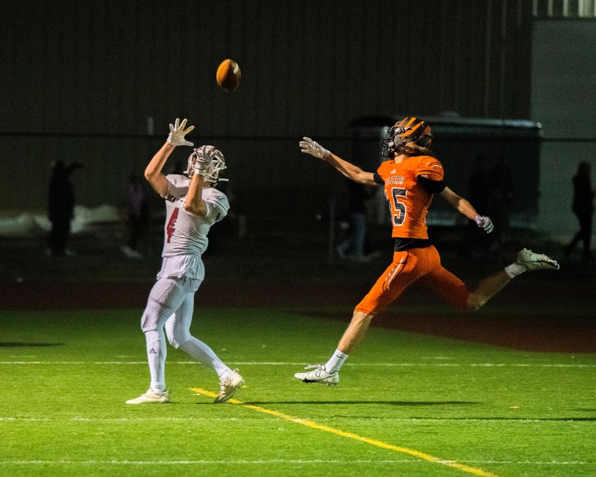 W.F. West's Gage Brumfield (4) hauls in a touchdown pass during the 2022 Swamp Cup.