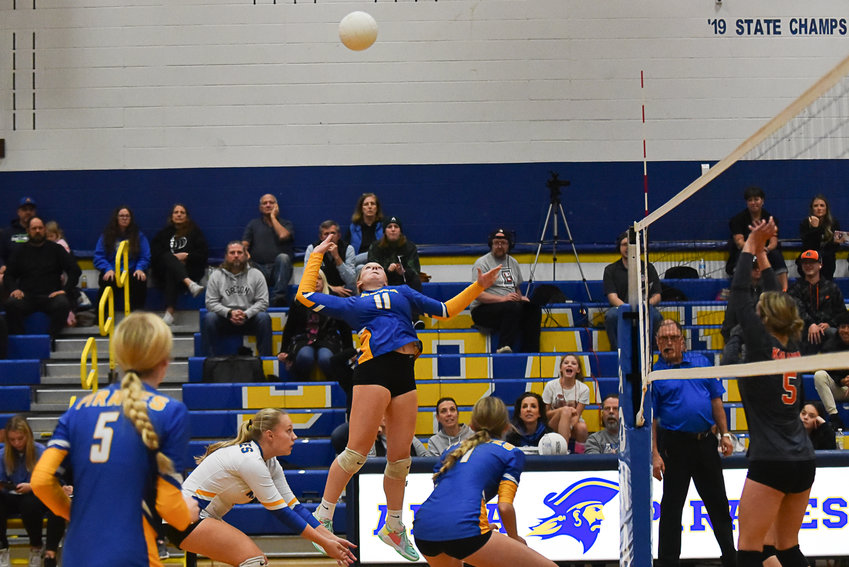 Kendall Humphrey goes up for a spike during the first set of Adna's semifinal match at the 2B district tounrmant, Nov. 2 at Adna.