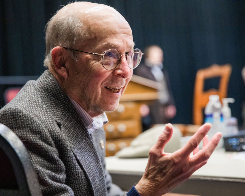 John Pratt, a professor emeritus at Centralia College, smiles while talking about his work writing &ldquo;Leaving 50 Wimpole Street&rdquo; Thursday afternoon inside the Phillip Wickstrom Studio Theatre.