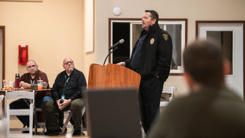 Centralia Police Commander Andy Caldwell describes the department&rsquo;s response to flooding during a meeting held in Chehalis on Thursday.