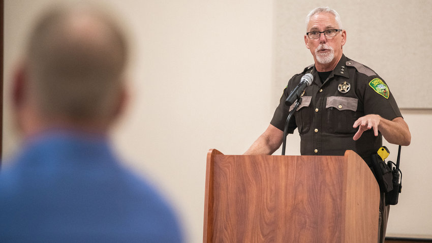 Lewis County Sheriff Rob Snaza speaks at a flood outlook meeting in Chehalis in November. Snaza has been among the vocal critics of some police reform laws that have come out of Olympia in recent years.