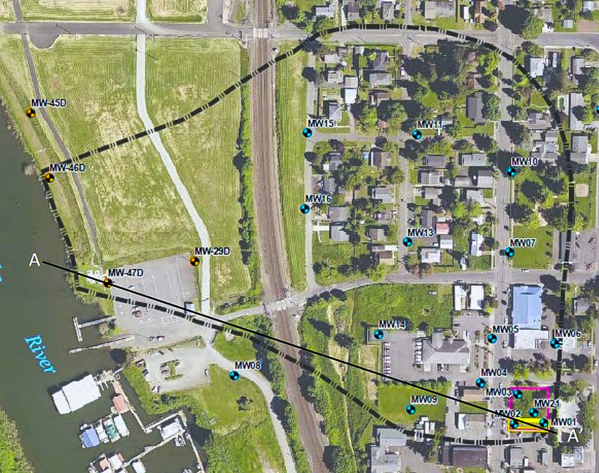 A map shows the area for the remediation project to improve the &ldquo;Park Laundry&rdquo; site in downtown   Ridgefield in yellow. The border shows the extent of contaminants from the site.