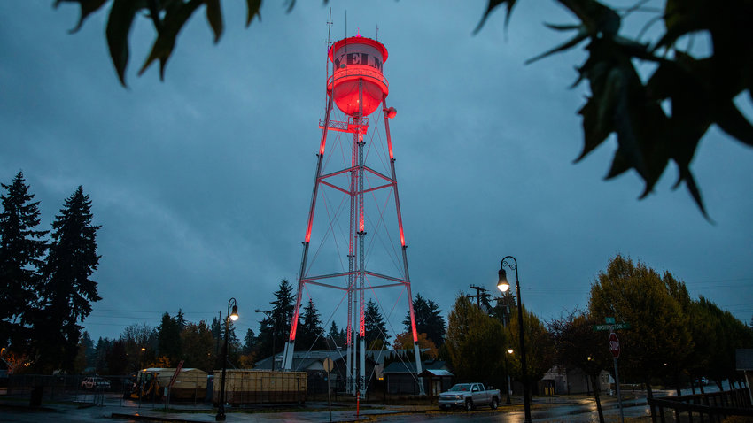 The Yelm water tower, which was illuminated in red for Tornados football team, is pictured on Friday night.