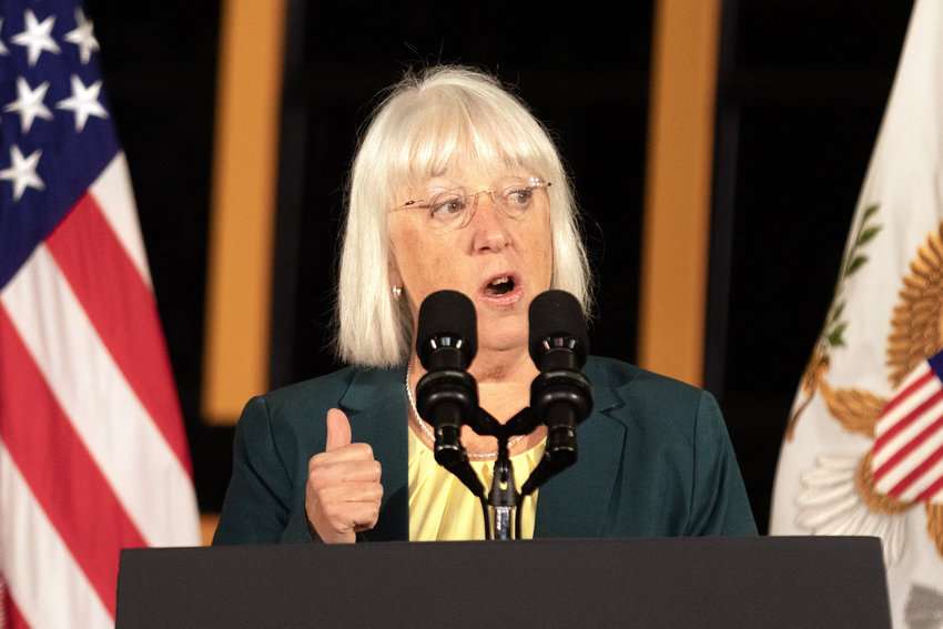 U.S. Sen. Patty Murray speaks at an event featuring U.S. Vice President Kamala Harris highlighting the Biden-Harris administration&rsquo;s investments in clean school buses at Lumen Field in Seattle on Wednesday, Oct. 26, 2022. Murray won her reelection bid against Republican Tiffany Smiley. (Karen Ducey/The Seattle Times/TNS)