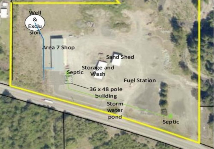 Substation site plan off Highway 12 near Glenoma. Sheriff&rsquo;s Office and vehicle bays planned at the location of the pole building on the map.