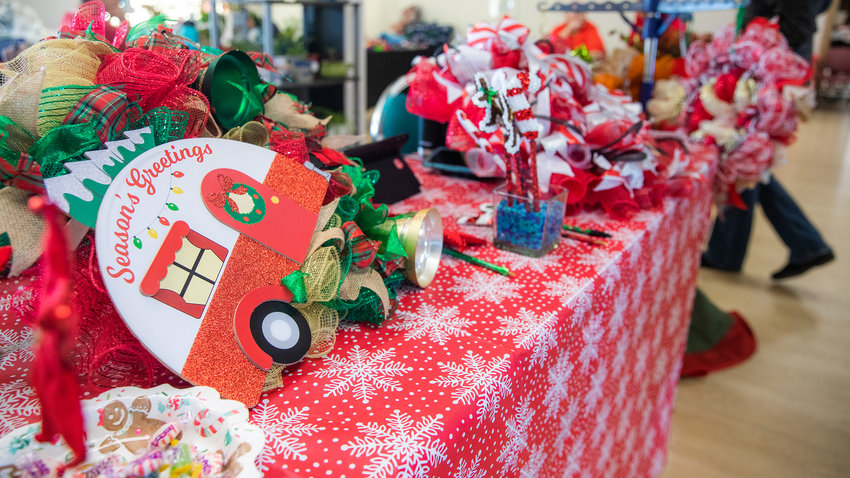 Holiday decor sits on display during the Yelm Senior Center Christmas bazaar on Saturday, Nov. 11. A variety of other holiday bazaars are set to take place in the region in the coming weeks.