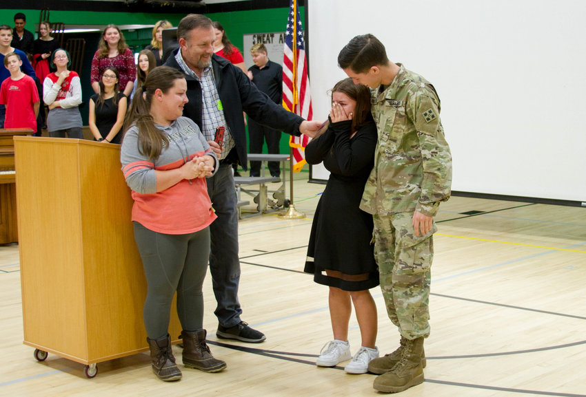 Abigail Alway, an eighth grader at Woodland Middle School, was surprised during the school&rsquo;s Veterans Day assembly with the return of her uncle, Sergeant Edward Mayer II, who helped raise her.